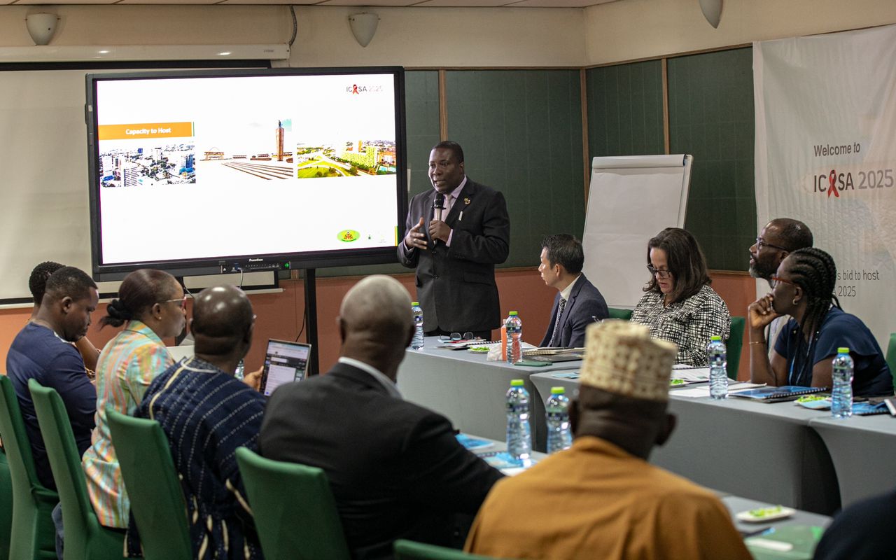 ICASA 2025 Assessment: Dr. Samuel Ayisi Addo, Program Manager, National AIDS Control Programme, presenting the summary of Ghana's Host Country Bid to the development partners, CSOs and the ICASA Assessment Team during day one of the Assessment Team's visit to Ghana, Alisa Hotel North Ridge, Accra - Ghana