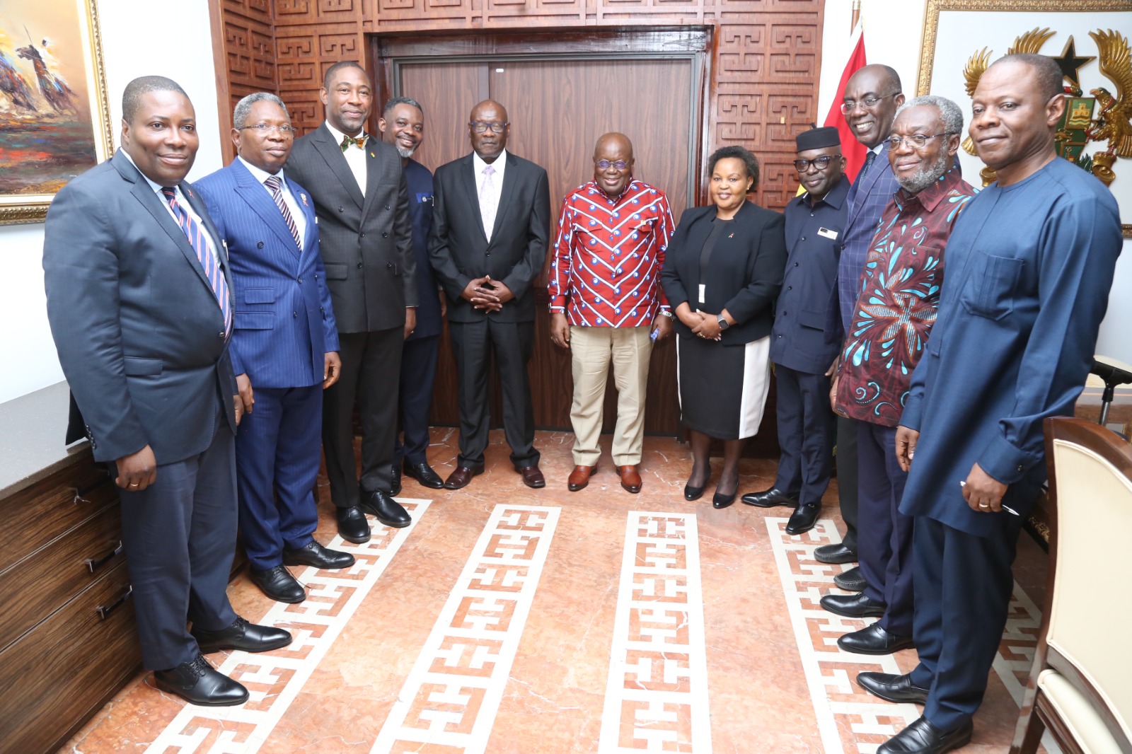 H. E. Nana Addo Dankwa Akufo-Addo, President of the Republic of Ghana, with Hon. Dr. David Pagwesese Parirenyatwa, ICASA 2025 President, Dr. Bernard Okoe-Boye, Minister of Health, Dr. Emmy Chesire, SAA Executive Board member, Mr. Luc Armand Bodea, ICASA Director, Dr. Patrick Kuma-Aboagye, Director General, Ghana Health service, Dr. Anthony Nsiah Asare, Presidential Advisor on Health, Dr. Kyeremeh Atuahene, Director General, Ghana AIDS Commission, Dr. Stephen Ayisi Addo, Programme Manager, NACP and Prof. Kwasi Torpey, Dean, School of Public Health, University of Ghana, at Jubilee House, Accra-Ghana